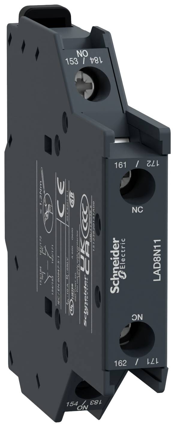 Elektrisch onderdeel van Schneider Electric, model LAD8N11, zijaanzicht met aansluitingen en technische specificaties gedrukt.