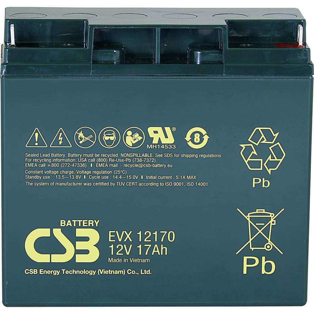 CSB Battery EVX12170 Loodaccu 12 V 17 Ah Loodvlies (AGM) (b x h x d) 181 x 167 x 76 mm M5-schroefaansluiting Cyclusbestendig, Onderhoudsvrij, Geringe