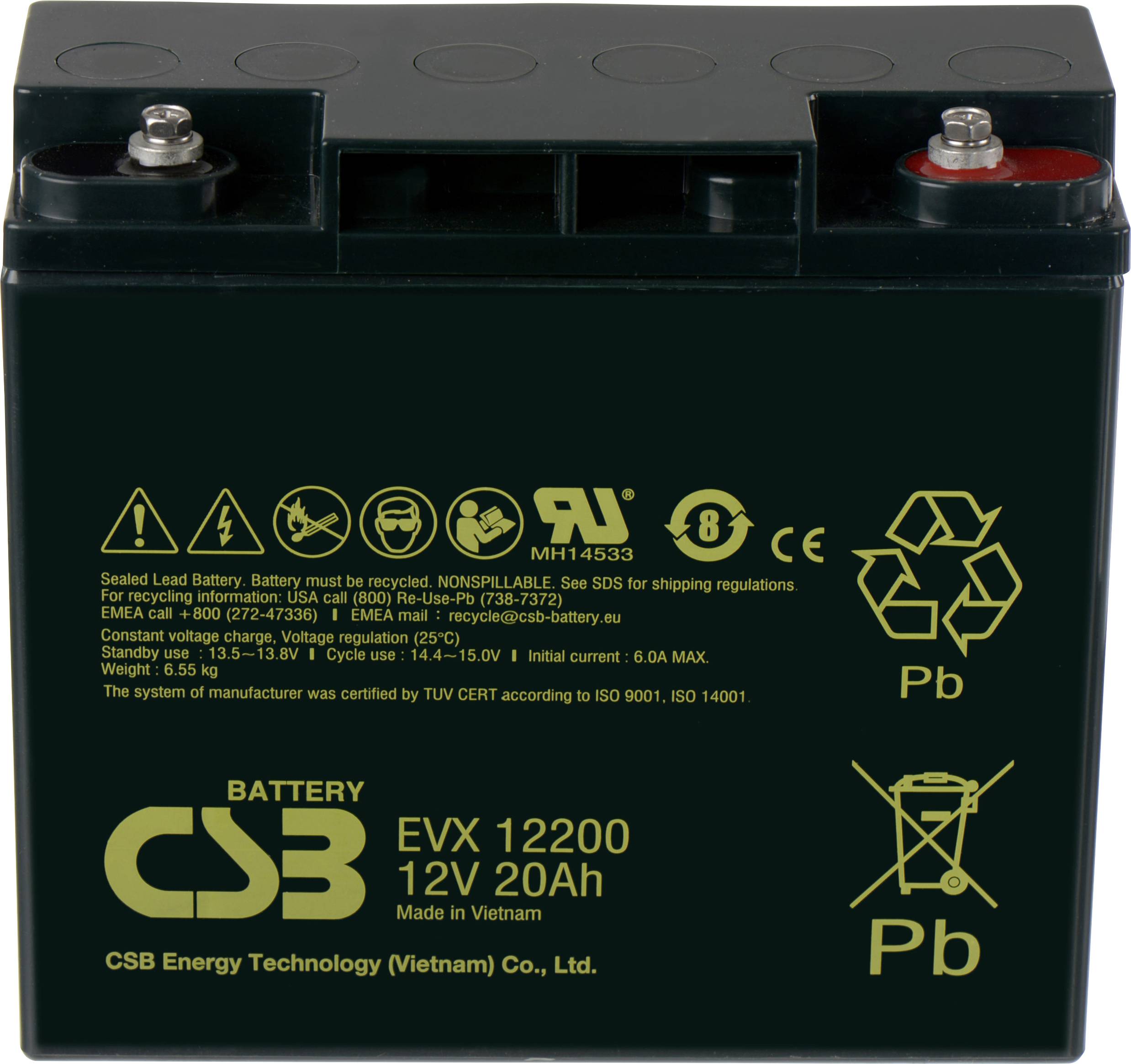 'CSB EVX12200 12V 20Ah accu. Zwart met verschillende certificeringslogo's. Gemaakt door CSB Energy Technology, Vietnam. Loodzuurtype.'
