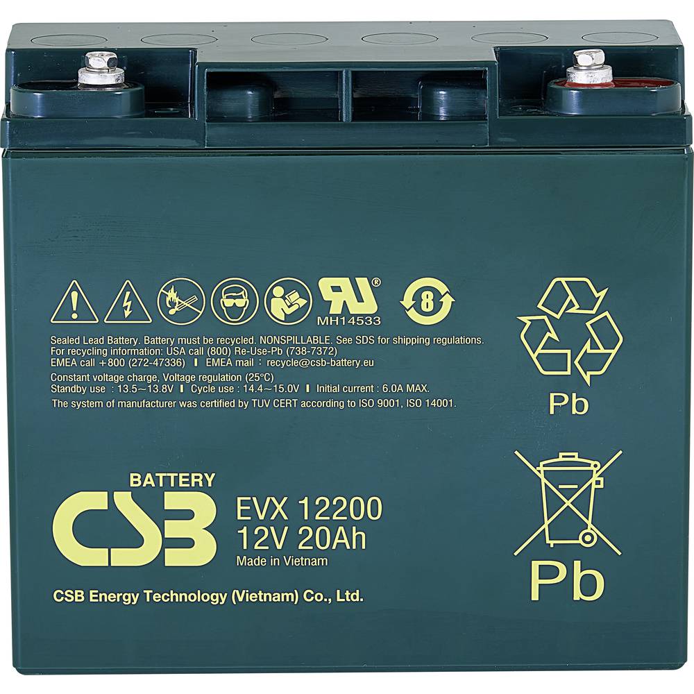 CSB Battery EVX 12200 Loodaccu 12 V 20 Ah Loodvlies (AGM) (b x h x d) 181 x 167 x 76 mm M5-schroefaansluiting Cyclusbestendig, Onderhoudsvrij, Geringe