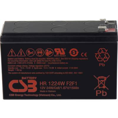 Een zwarte verzegelde loodaccu met het label 'CSB Battery HR 1224W F2F1' die een spanning van 12V en capaciteit van 24W aangeeft. Veiligheidssymbolen worden weergegeven.