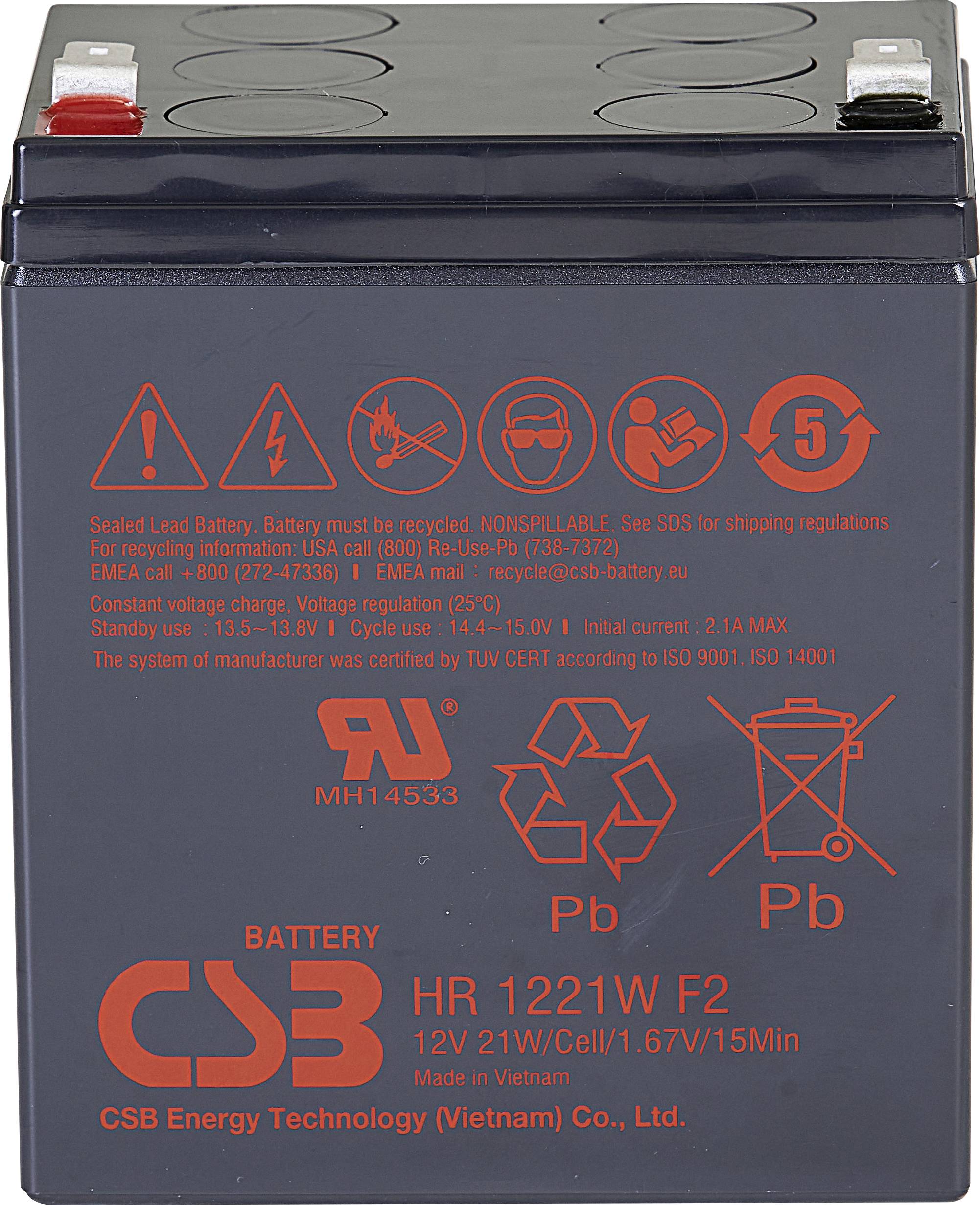 Lood-zuur-accu 12V 21W. Waarschuwingssymbolen: Recycling, Niet bij het huisvuil. 'CSB Battery' en productie-informatie op de voorkant.