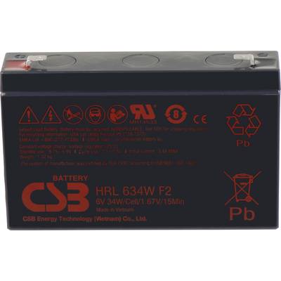 Een zwarte CSB 6V batterij met rode tekst, inclusief model 'HRL 634W F2'. Veiligheidssymbolen en recyclingsinformatie zijn eveneens zichtbaar.