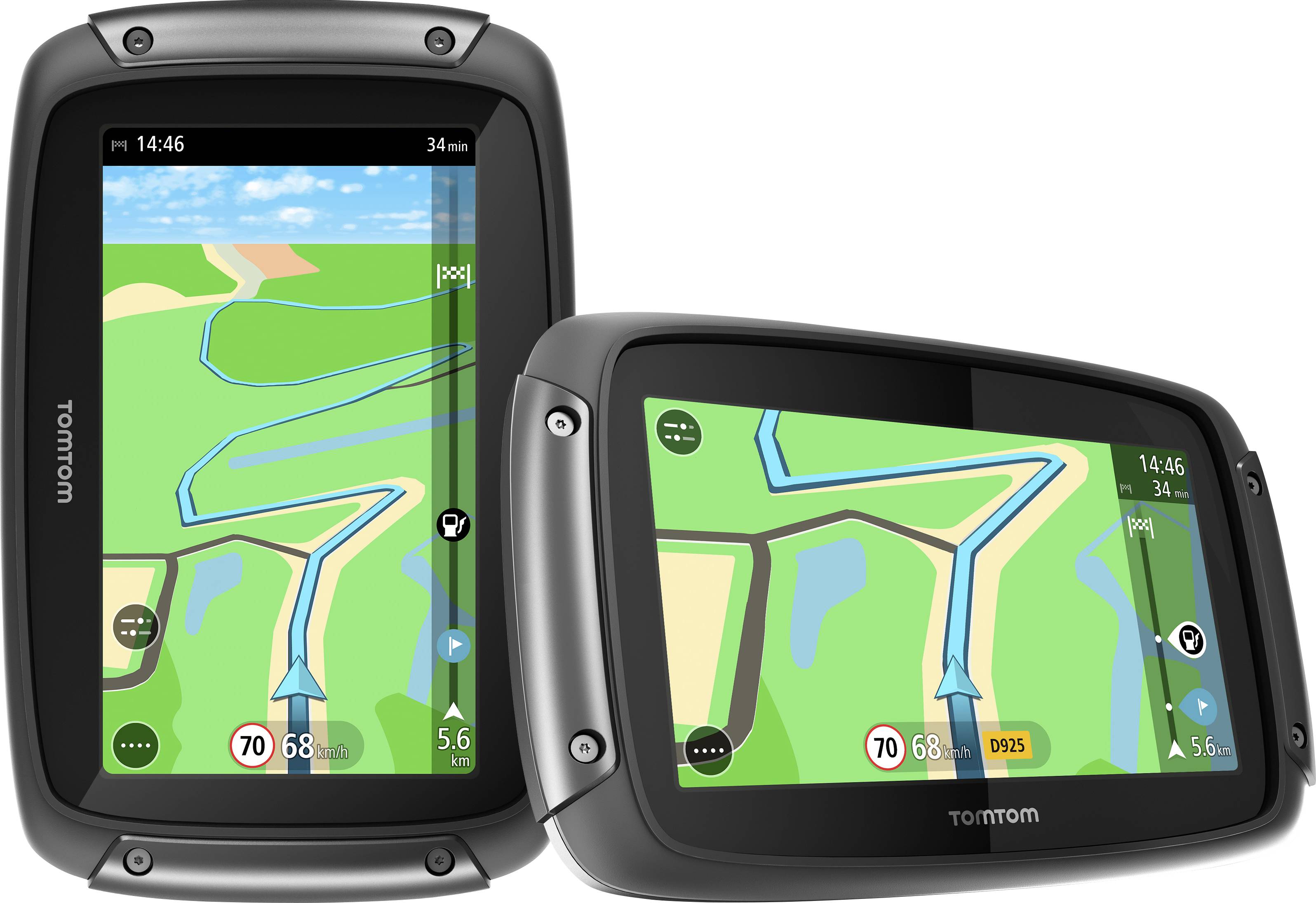 Twee GPS-apparaten met een digitale kaart die een kronkelige route weergeven. Snelheid 70, afstand 5,6 km, omliggende wegen zichtbaar.