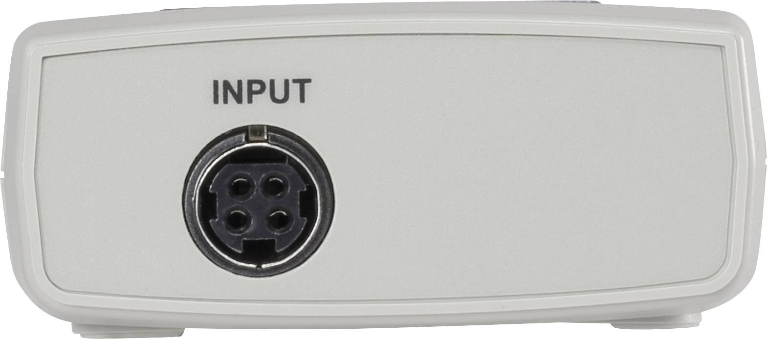 Grijs-wit apparaat met een ronde 'Input'-aansluiting aan de voorkant.
