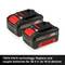 Twee zwarte accu's met rode details. Beschrijving legt uit dat ze uitwisselbaar en koppelbaar zijn met TWIN-PACK-technologie voor 36 V apparaten.