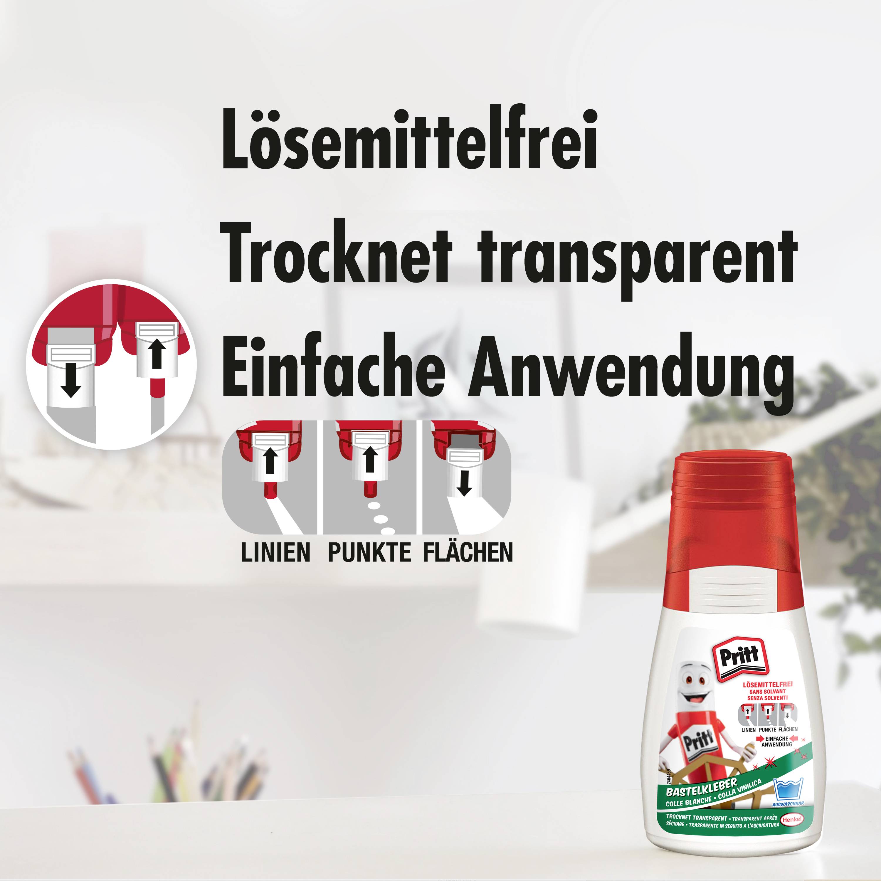 De afbeelding toont een lijmstift van Pritt met de tekst 'Oplosmiddelvrij, droogt transparant, eenvoudig in gebruik'. Op de achtergrond zijn instructies te zien voor aanbrengen in lijnen, punten en vlakken.