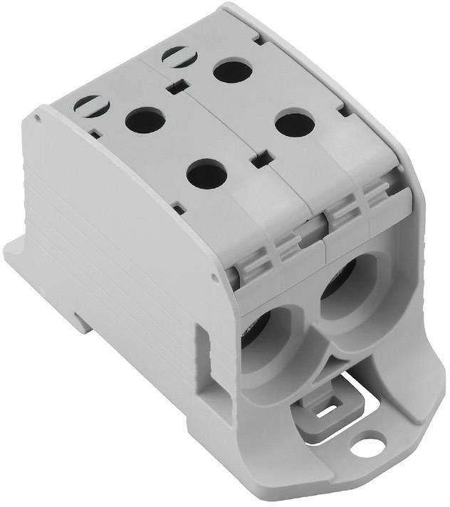 Een grijze elektrische connector met twee ronde aansluitopeningen en meerdere bevestigingsgaten, geschikt voor elektrische installaties.