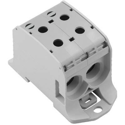 Een grijze elektrische connector met twee ronde aansluitopeningen en meerdere bevestigingsgaten, geschikt voor elektrische installaties.