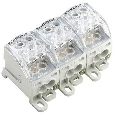 Een transparante elektrische verdeelblok met drie aansluitpunten, elk voorzien van een afdekking, gemonteerd op een basis.