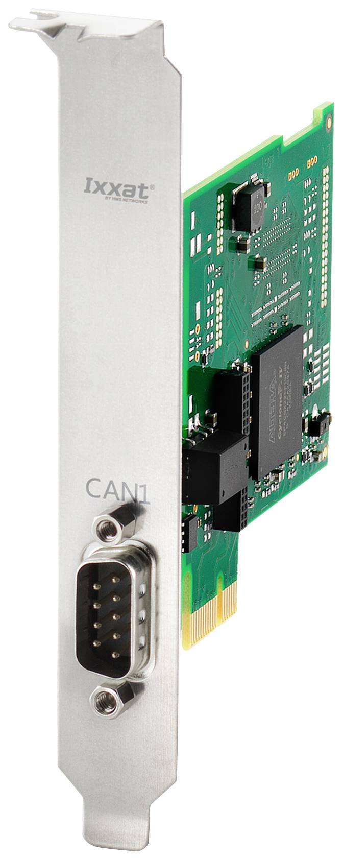 PCI-Express-kaart met CAN-bus-aansluiting. Voornamelijk groene printplaat met aansluiting en connector voor seriële communicatie.