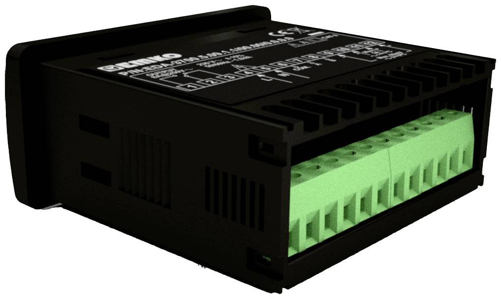 Een zwart elektronisch apparaat met groene aansluitklemmen, waarschijnlijk een industriële controlemodule of interface.