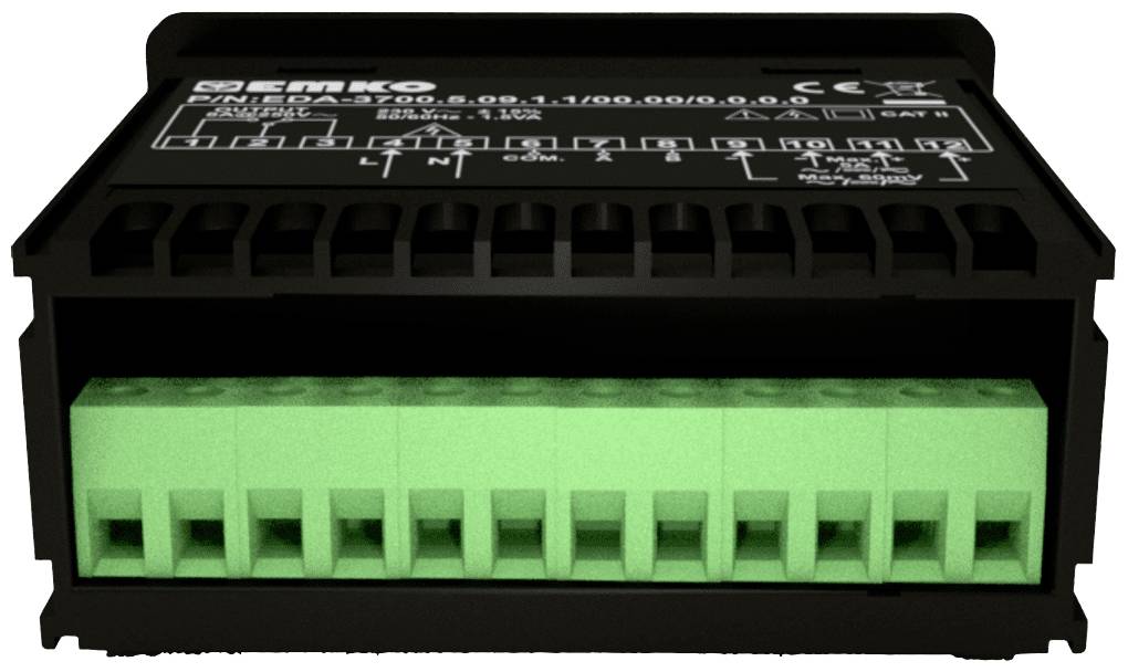 Een zwarte elektronische aansluiting met meerdere groene sleuven, voorzien van technische specificaties op de bovenkant.