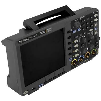 Draagbaar oscilloscoop met groot display, meerdere draaiknoppen en aansluitingen. Merknaam 'Voltcraft' zichtbaar.
