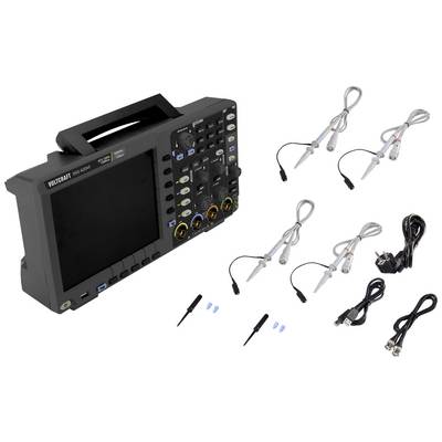 Draagbaar digitaal oscilloscoop met vier afneembare meetkoppen, verschillende kabels en accessoires voor meetgegevensanalyse.
