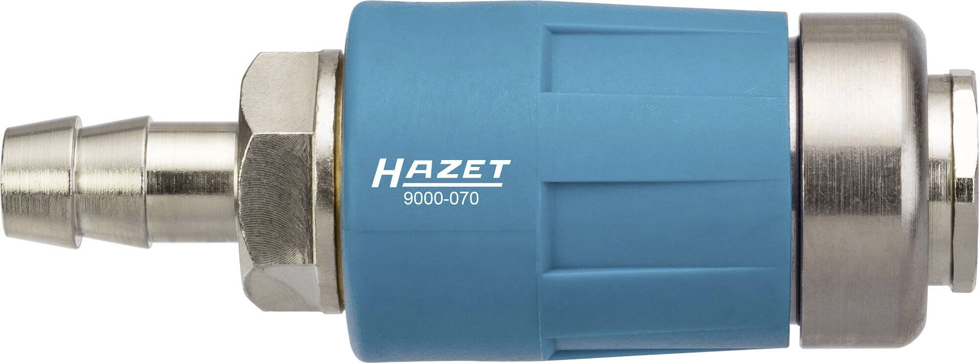 Een blauwe perslucht-snelkoppelingsplug van het merk Hazet met modelnummer 9000-070.