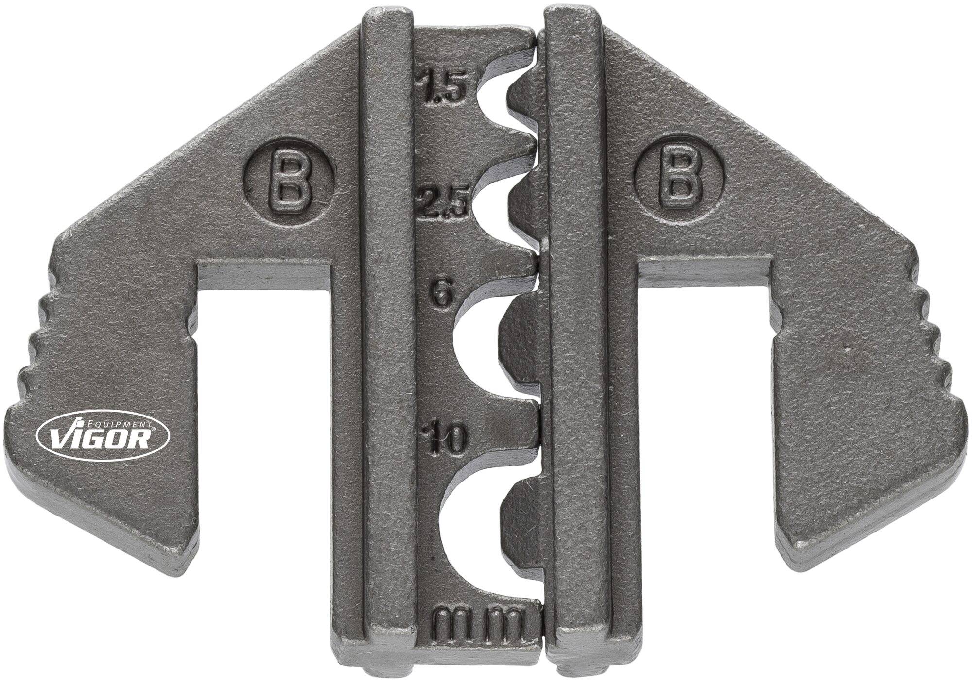 Metalen speciaal gereedschap met getande randen en markeringen voor verschillende millimetermaten, vermoedelijk bedoeld voor het grijpen of vastzetten.