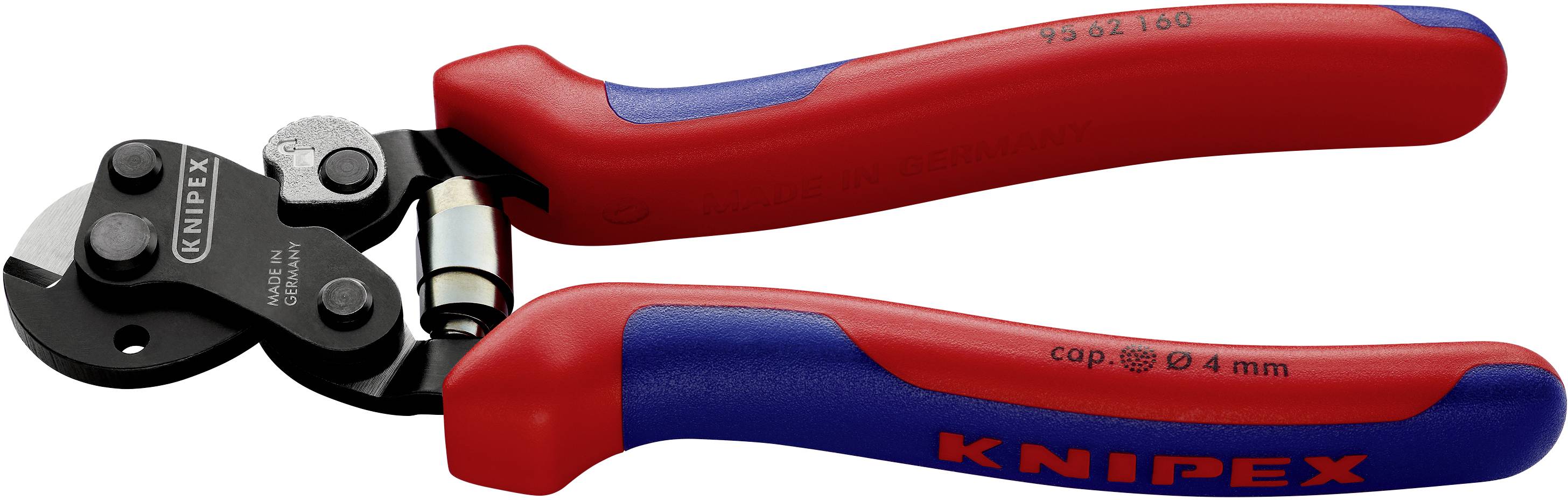 Een rode en blauwe kabelschaar van Knipex met een snijkop van metaal, geschikt voor het doorknippen van kabels tot 4 mm diameter.