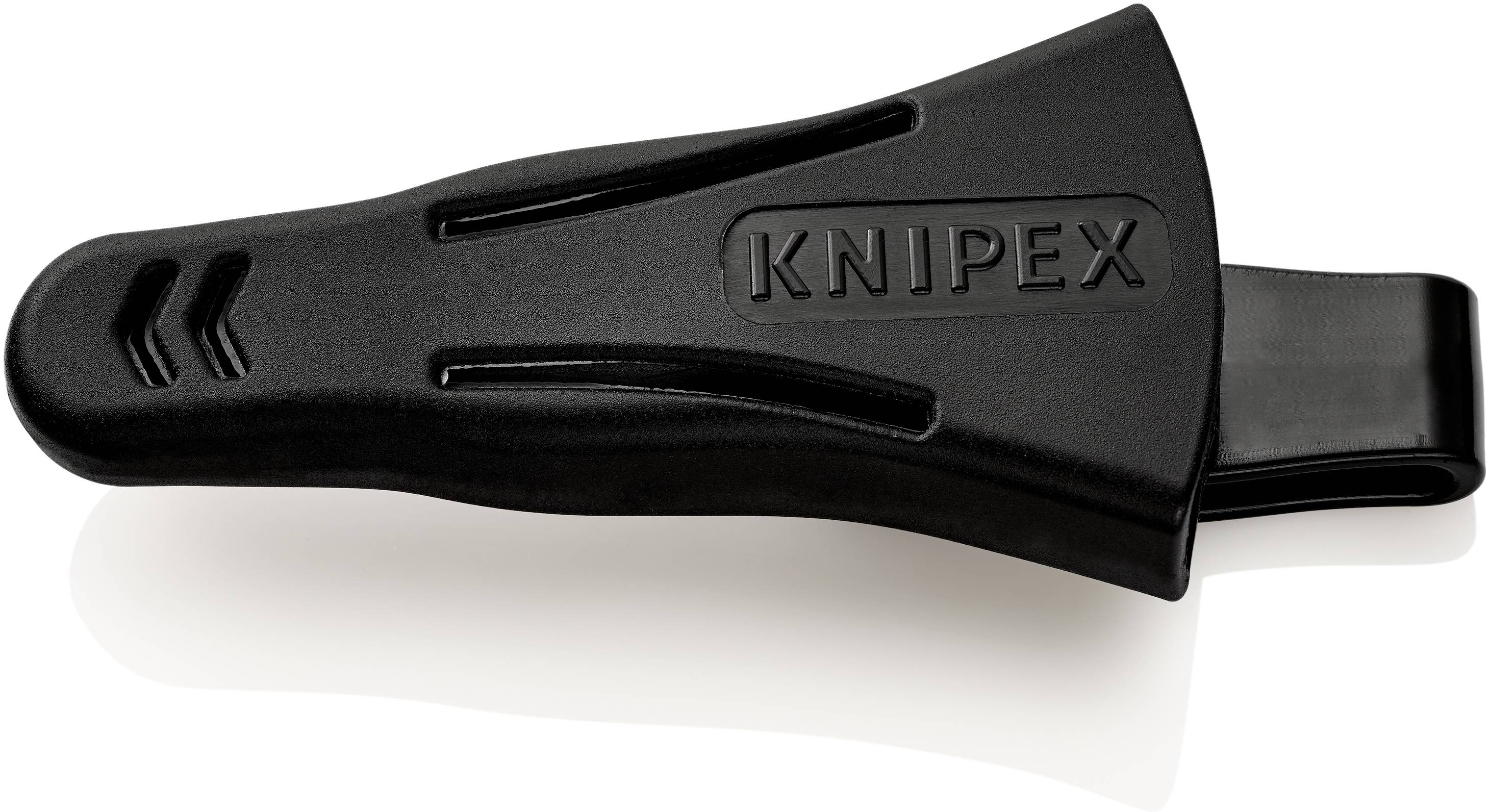 Zwarte kunststof holster voor tangen, met Knipex-logo en clip, geschikt voor bevestiging aan riem of kleding.