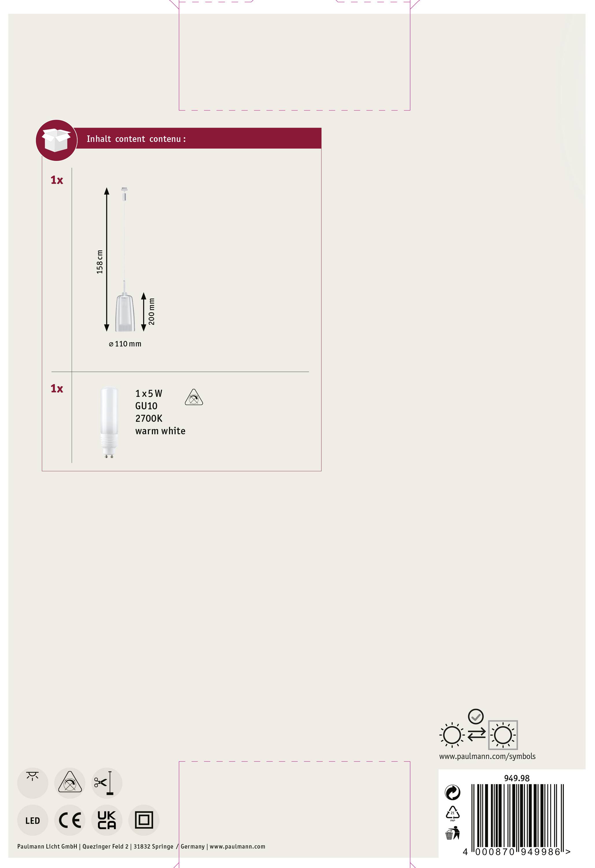 Pakketninhoud: 1x E27 LED-lamp, 15W, 2700K, warmwit. Lampafbeelding met afmetingen: Ø130 mm. Tekstlinks naar touchdimmer en montagehandleiding.