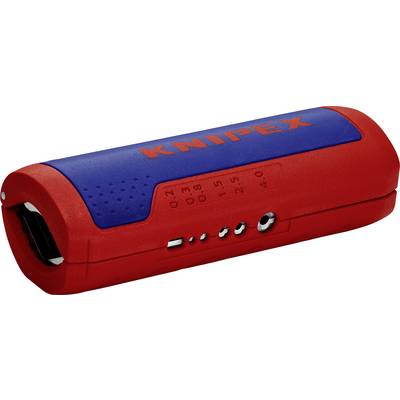 Rode en blauwe kabelstripper met maatmarkeringen aan de zijkant en een drukknop-mechanisme.