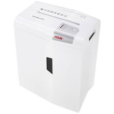 Een witte papiervernietiger staat op een tafel. Bovenaan zijn symbolen en controlelampjes zichtbaar die de bedrijfsstatus aangeven.