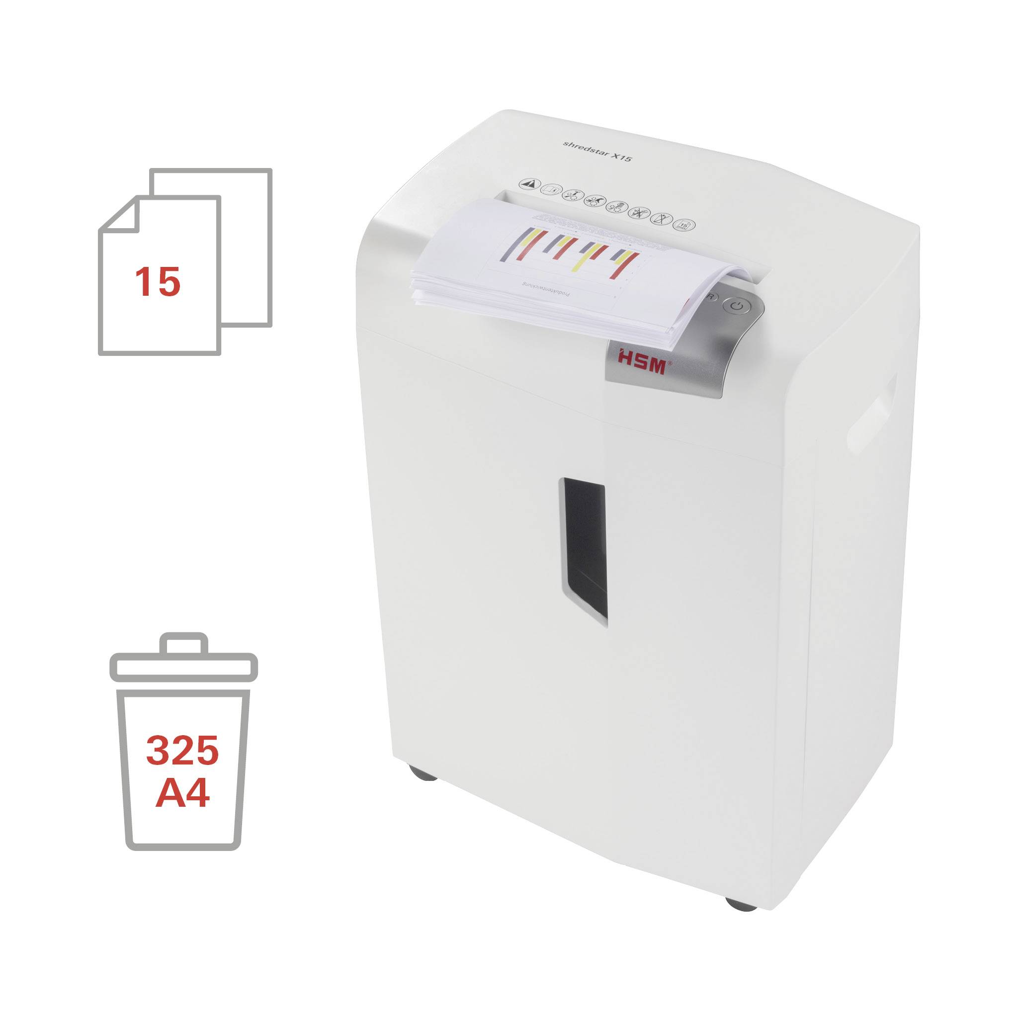 Een witte papierversnipperaar die papier verkleint. Symbolen geven capaciteit aan: 15 vel per keer en 325 versnipperde A4-pagina's.