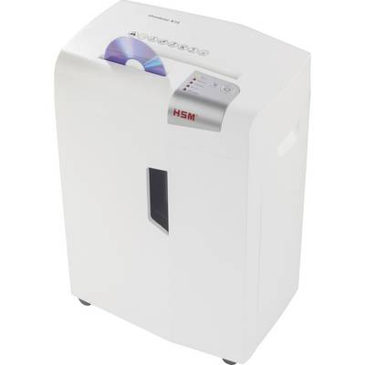 Een witte papierversnipperaar met een cd-sleuf en bedieningselementen aan de bovenkant. Merkenlogo 'HSM'. Apparaat staat op wielen.