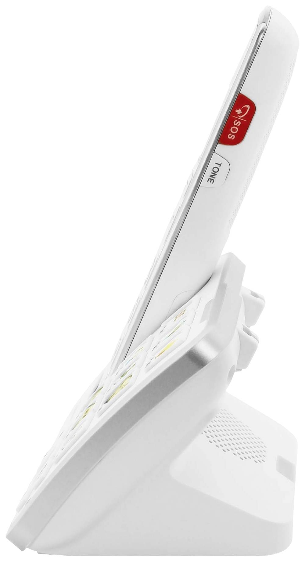 Een wit draadloos telefoontoestel met een SOS-knop aan de zijkant en grote toetsen, dat op een basisstation staat.