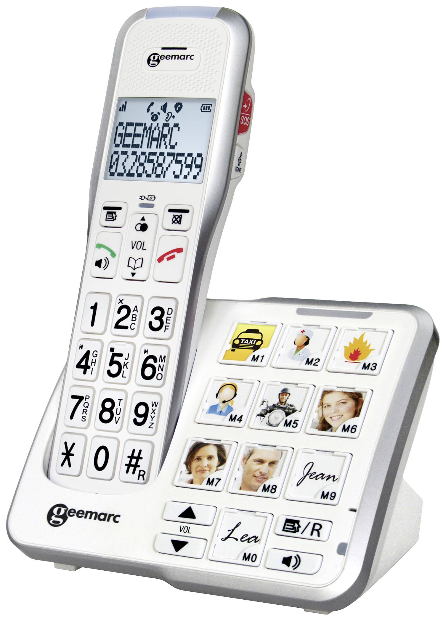 Een wit seniorentelefoon met grote toetsen en fotopslaagfunctie. Op het display staat 'GEEMARC'. Ideaal voor eenvoudige bediening.