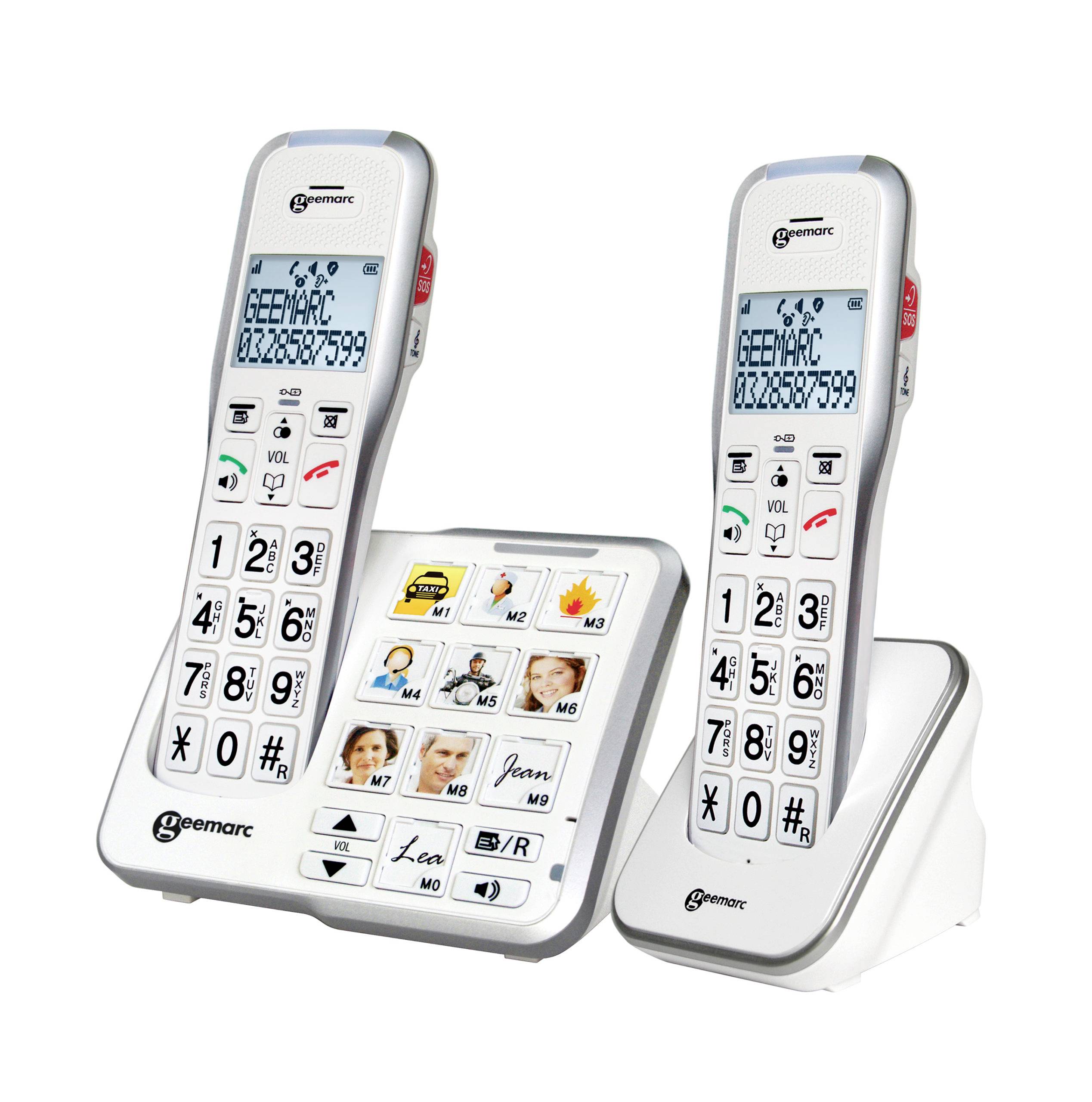 Twee witte vaste telefoons met grote toetsen en beeldtoetsen voor eenvoudige oproepen. Ideaal voor senioren of mensen met slechtziendheid.