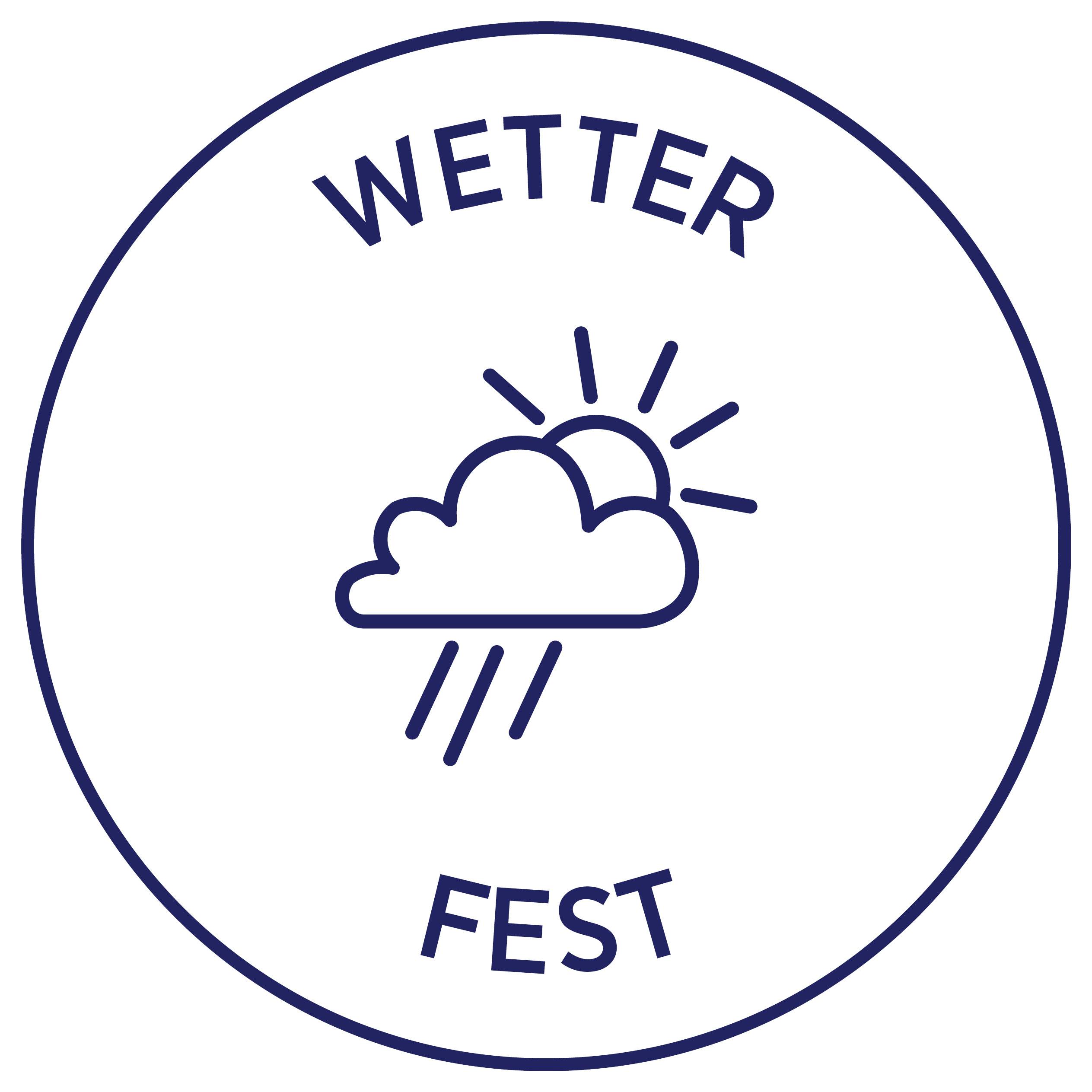 Rond weerssymbool met zon-wolk-en-regen-icoon en de woorden 'WEER' bovenaan en 'FEST' onderaan.