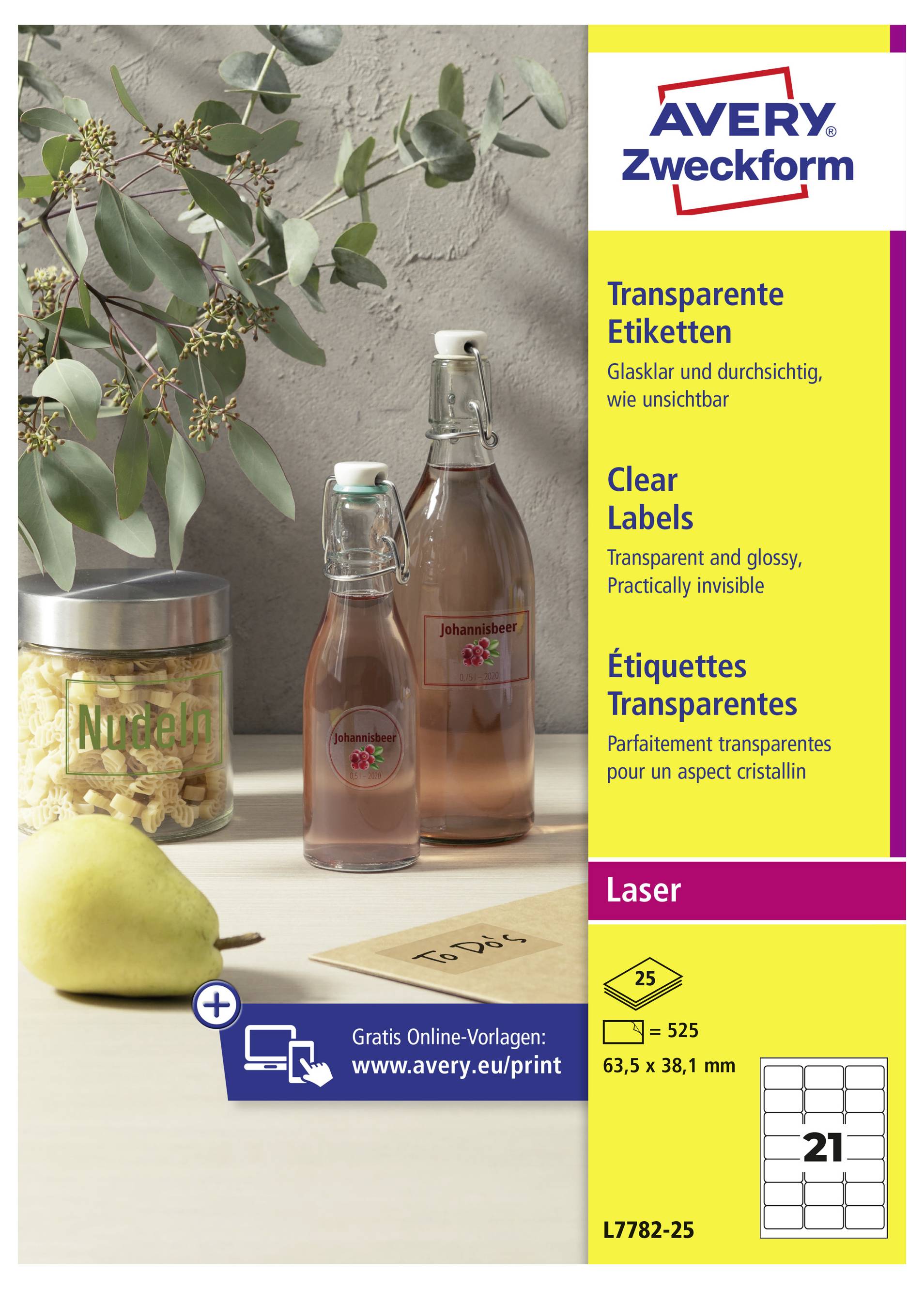 Avery Zweckform transparante labels verpakking, met zichtbare laserlabels met productdetails en een voorbeeldgeëtiketteerde fles, voor online sjablonen en afdrukken.