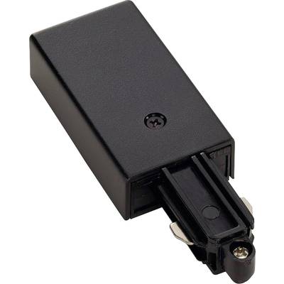 Een zwarte, rechthoekige elektronische adapter met een uitstekende metalen aansluiting aan de voorkant. Geschikt voor het verbinden van kabels.