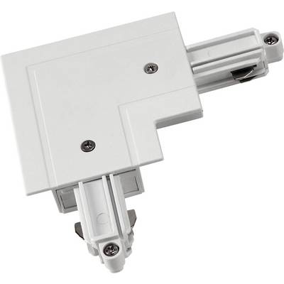 Een witte, L-vormige elektrische verbindingscomponent met twee uitgangen, waarschijnlijk voor railsystemen in de verlichtingstechniek.