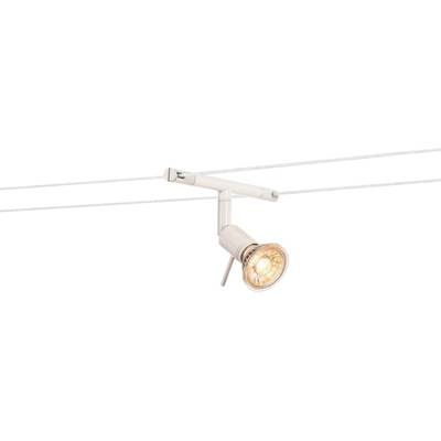 Een witte lichtbalk met een enkele, stralende spotlamp, opgehangen aan twee parallelle draden.