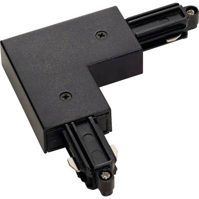 Zwarte L-vormige elektrische connector met twee uitstekende aansluitingen voor verlichtingssystemen.