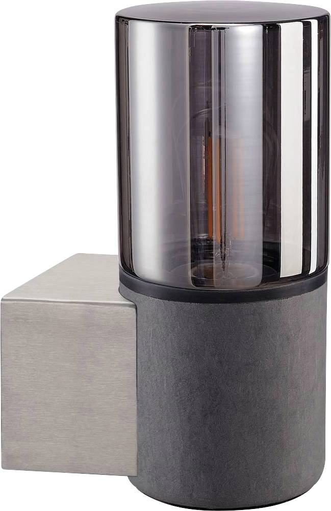 Wandlamp met een cilindrische, rookgrijze glazen lampenkap en een hoekige metalen bevestiging. Modern design, geschikt voor binnen- en buitengebruik.
