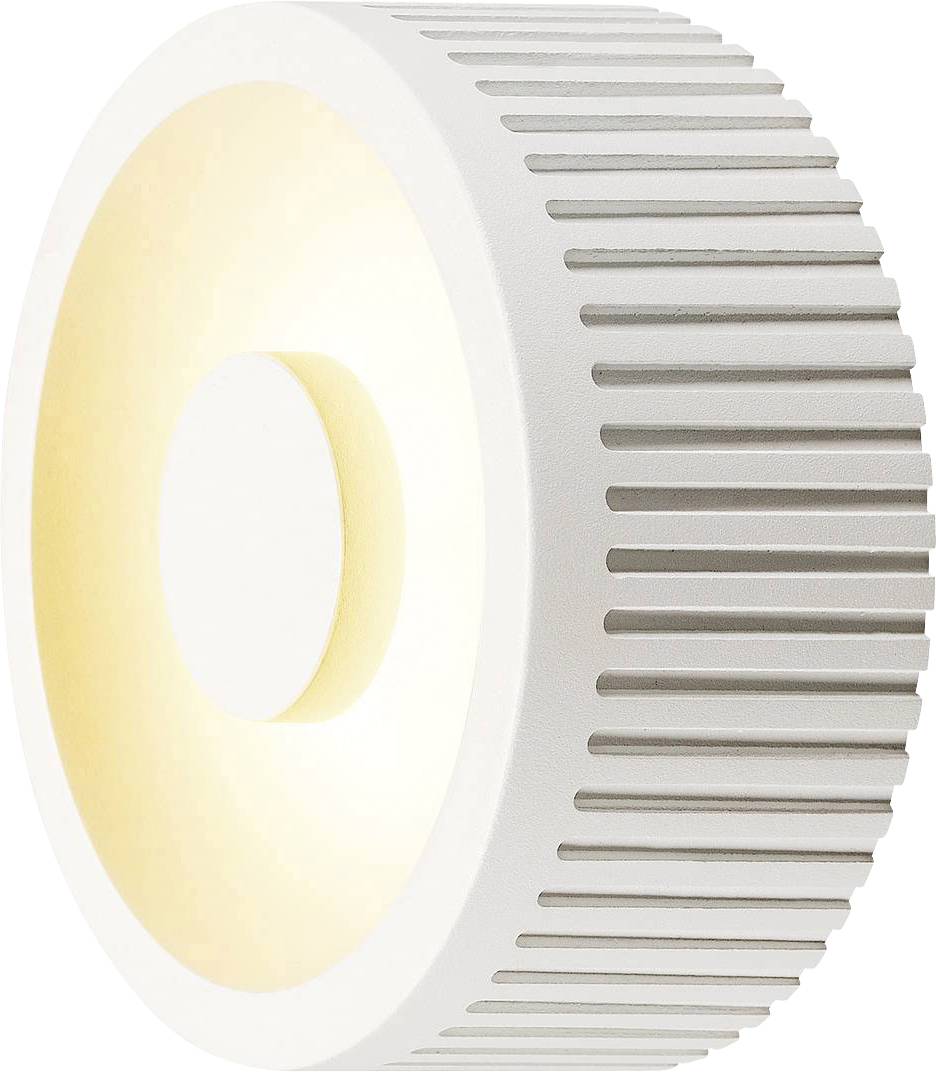 Ronde, geribbelde wandlamp in het wit met een warme gloed. Modern design met een centraal lichtpunt, geschikt voor hedendaagse interieurs.