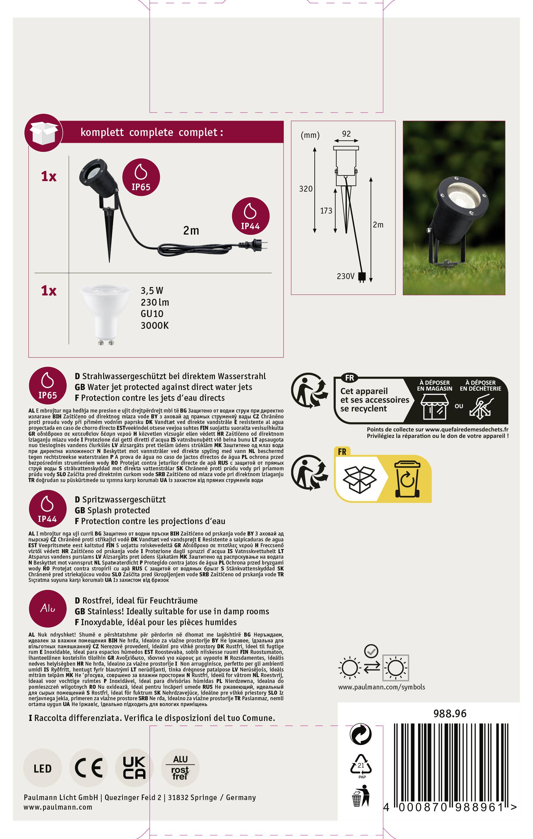 'Buitenspot-set met LED-lamp, 1 lamp, 3,5 W, IP65, warmwit, inclusief grondpen en 2 m kabel, geschikt voor tuinverlichting.'