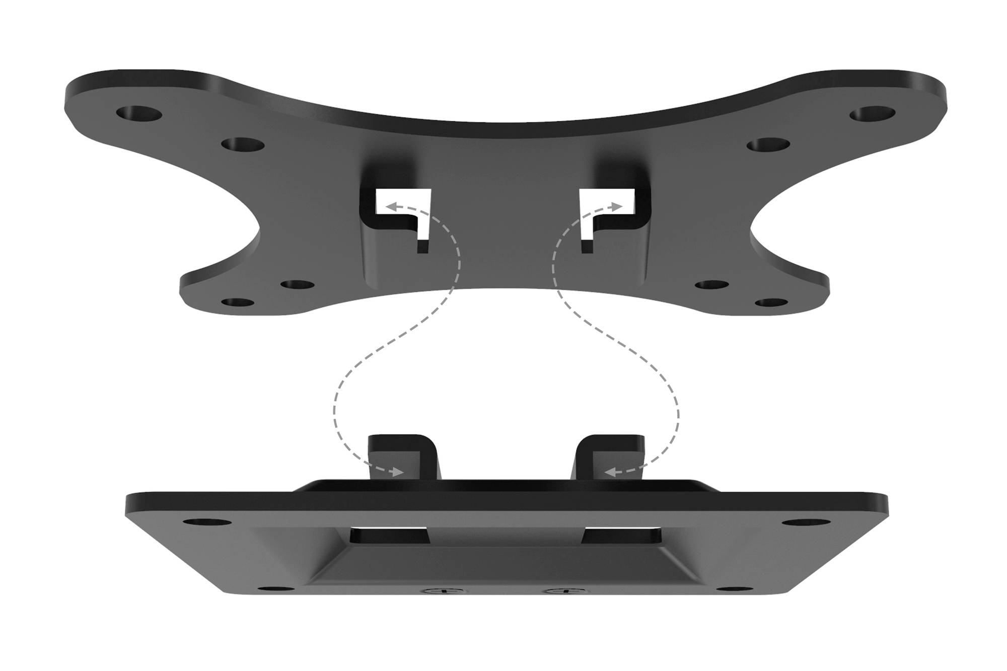 Montagehandleiding voor VESA-bevestiging: Twee platen, een bovenste en een onderste, worden met elkaar verbonden; schroefgaten en haken zijn zichtbaar.