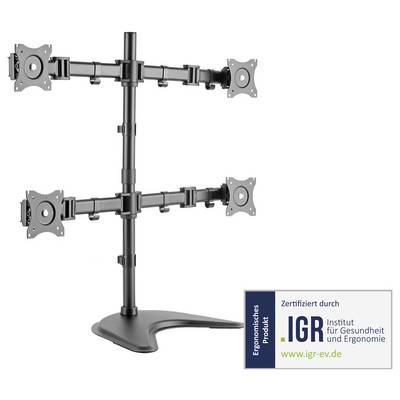 Viervoudige monitorstandaard op een stabiele voet, geschikt voor ergonomische werkplekken. Gecertificeerd door het IGR Instituut.