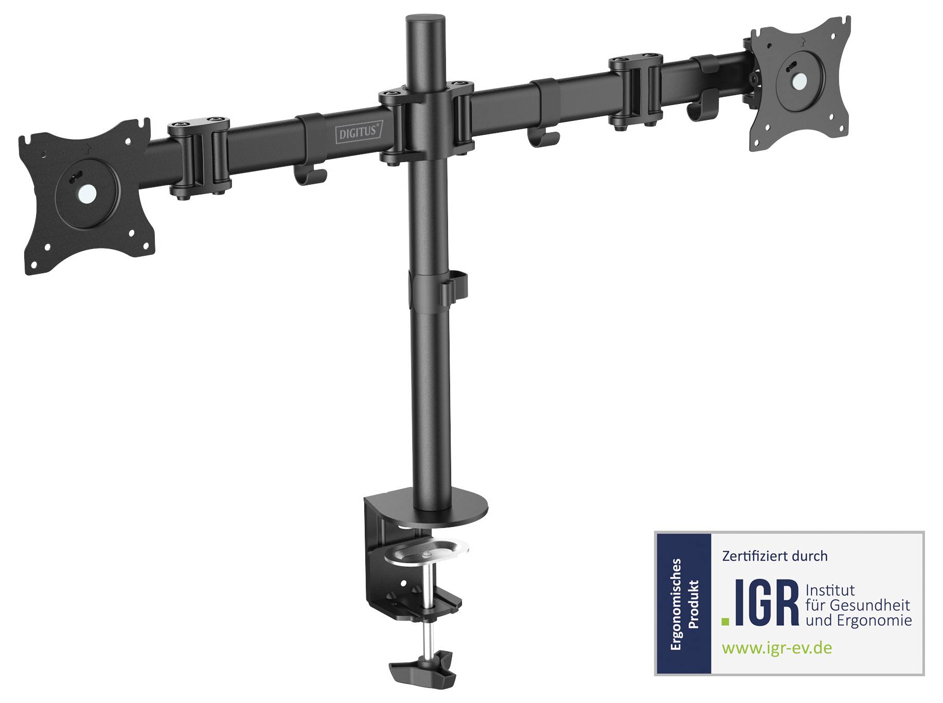 'Zwarte dubbele monitorstandaard met verstelbare armen voor tafelbevestiging.'