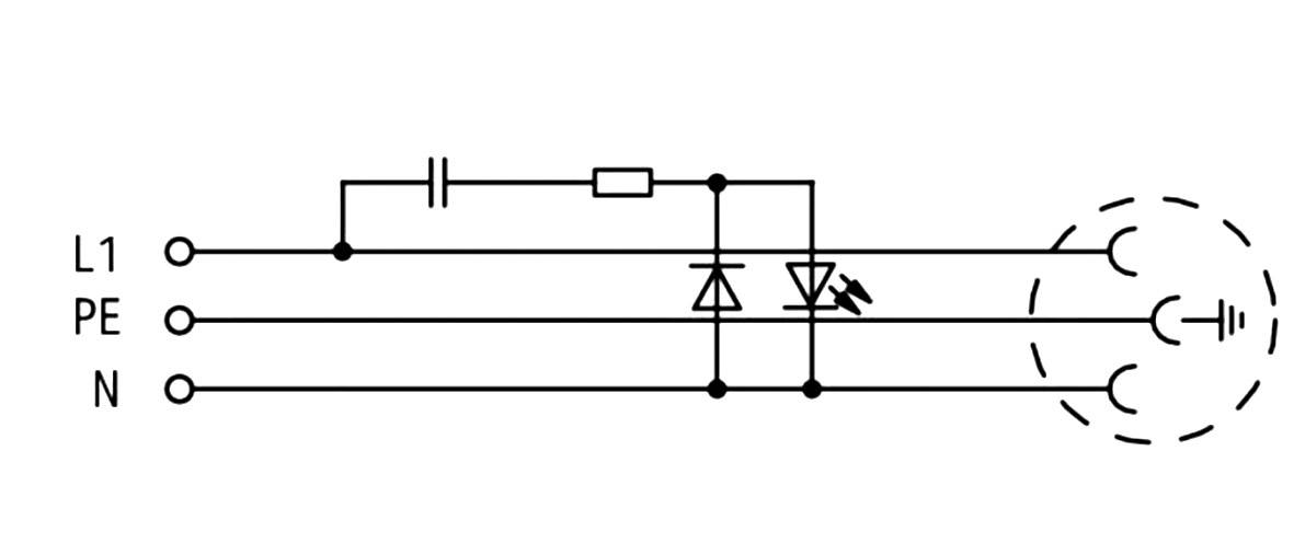 Schakelschema van overspanningsbeveiliging met condensator, weerstand en overspanningsafleiders tussen fase L1, aarde PE en nulgeleider N.
