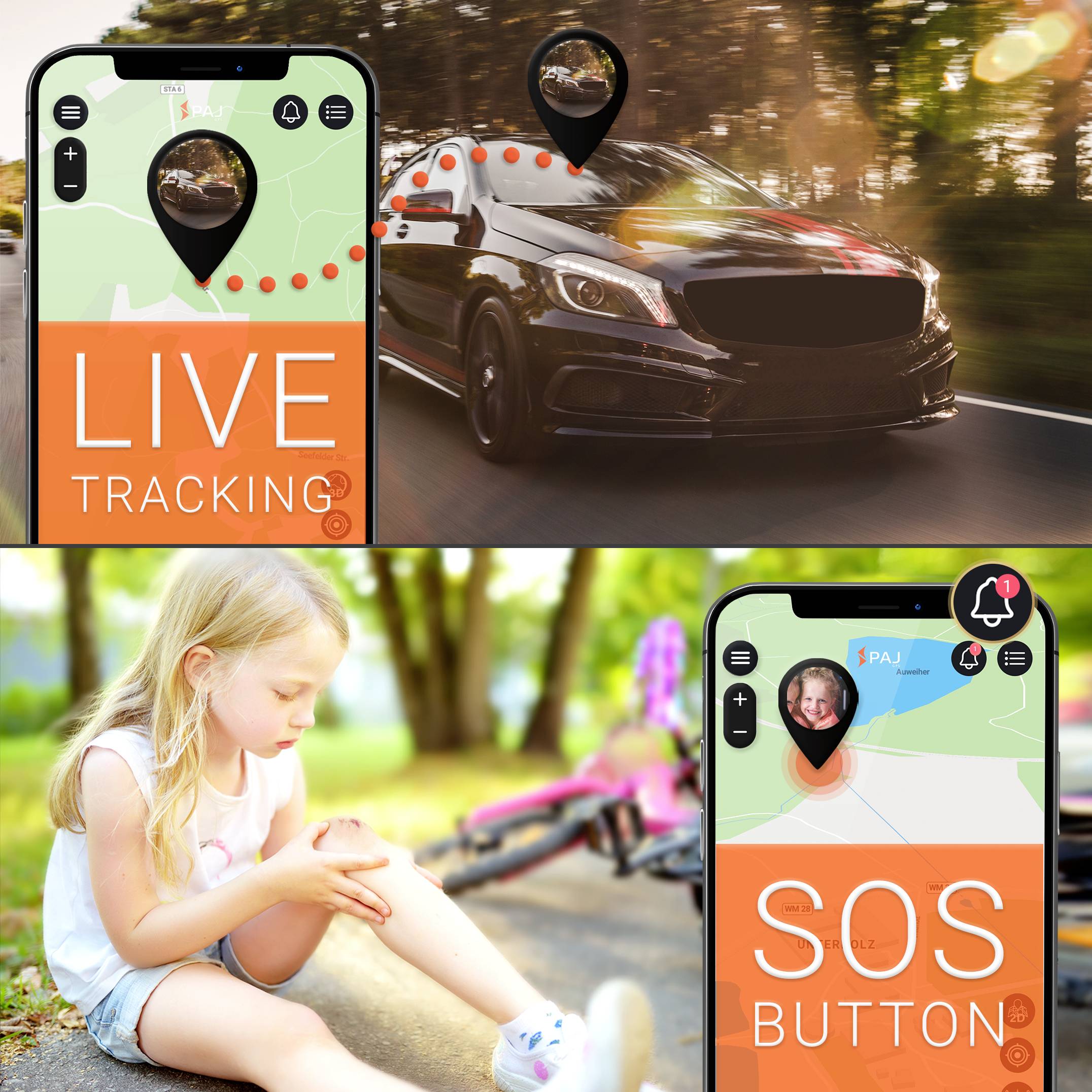 Een auto met een mobiele app voor 'LIVE-TRACKING', waarbij een meisje met een beenletsel naast een gebroken fiets zit; 'SOS-KNOP' op het scherm.