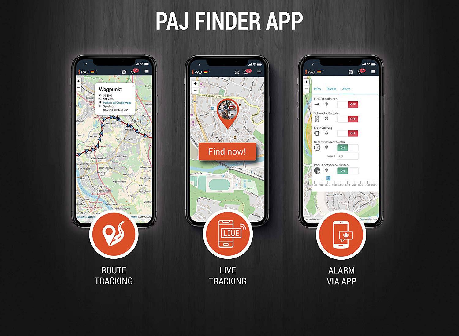 Drie smartphones tonen functies van de 'PAJ Finder App': routetracering, live-tracking en alarm via app. Kaartweergaven op de achtergrond.