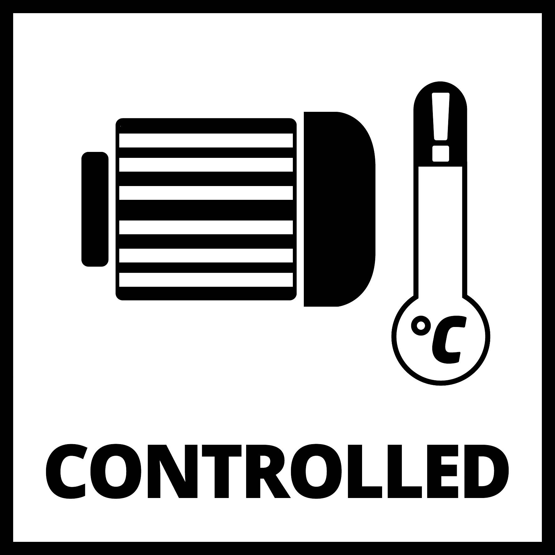 Symbool voor temperatuurregeling: Behuizing met strepen links, thermometer met uitroepteken rechts. Tekst 'GECONTROLEERD' eronder.