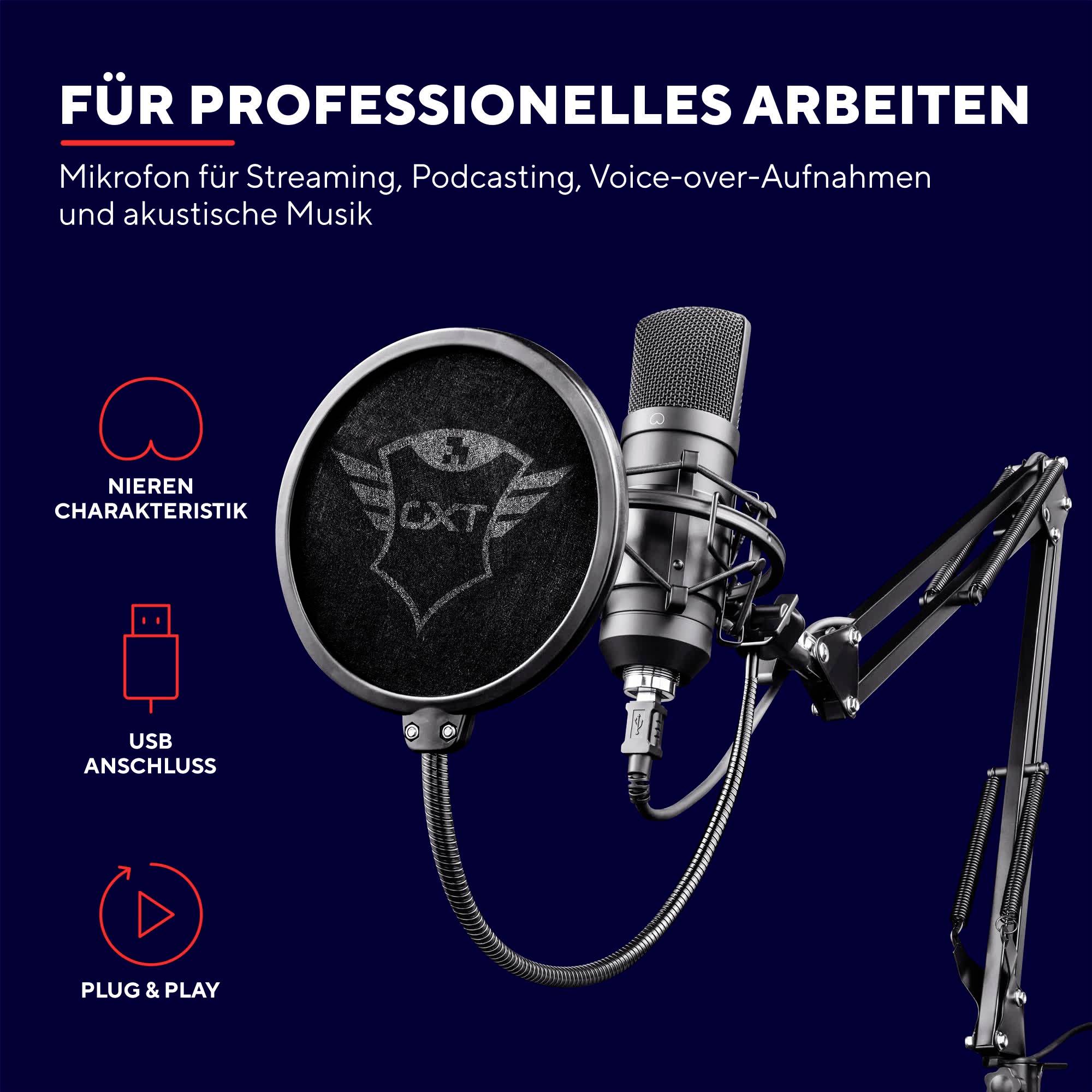 'Microfoon voor professioneel gebruik' met microfoonarm, nierkarakteristiek en USB-aansluiting, geschikt voor streaming en podcasting.