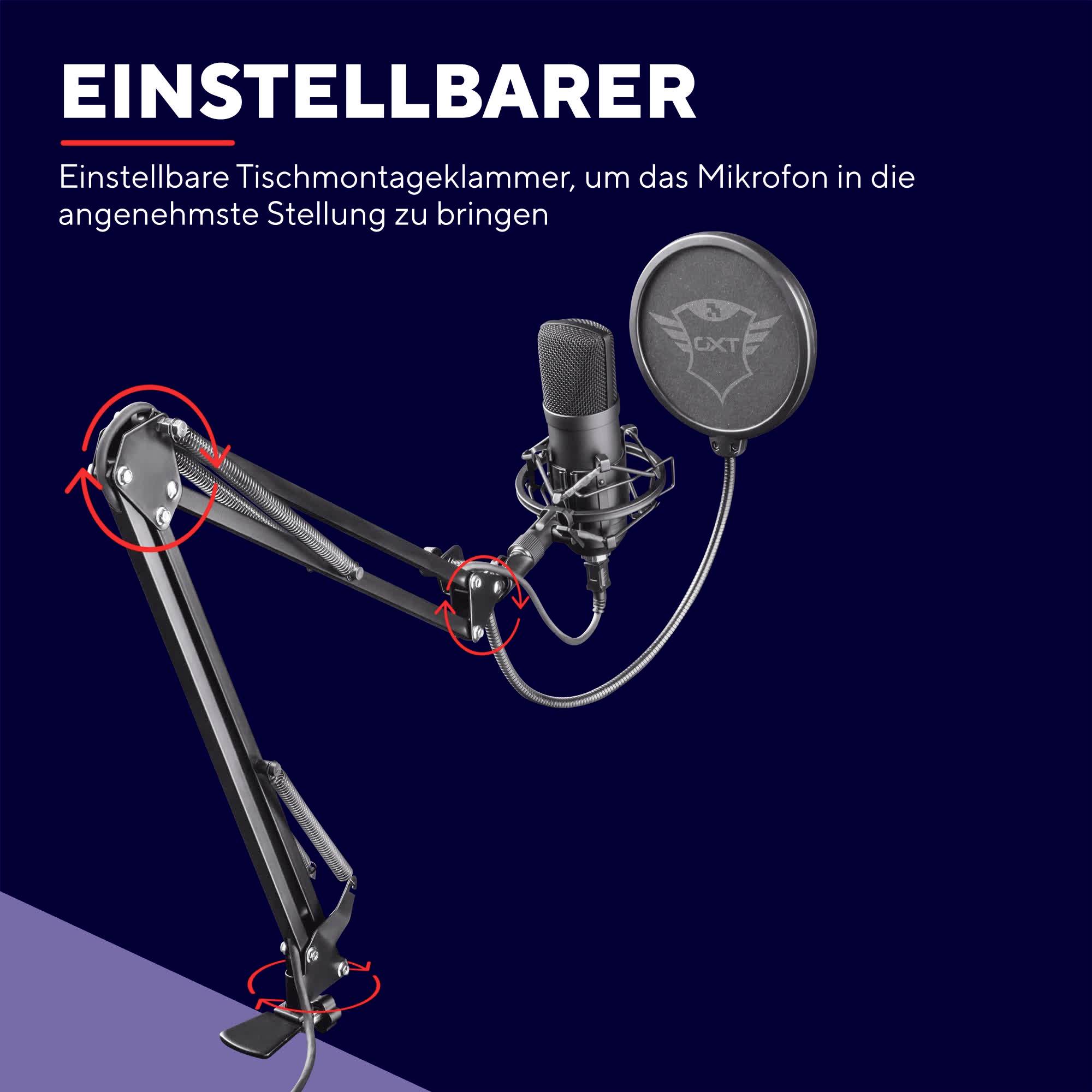 Microfoonstandaard met microfoon, popfilter en verstelbare tafelklem voor flexibele microfoonpositionering tijdens opnames.