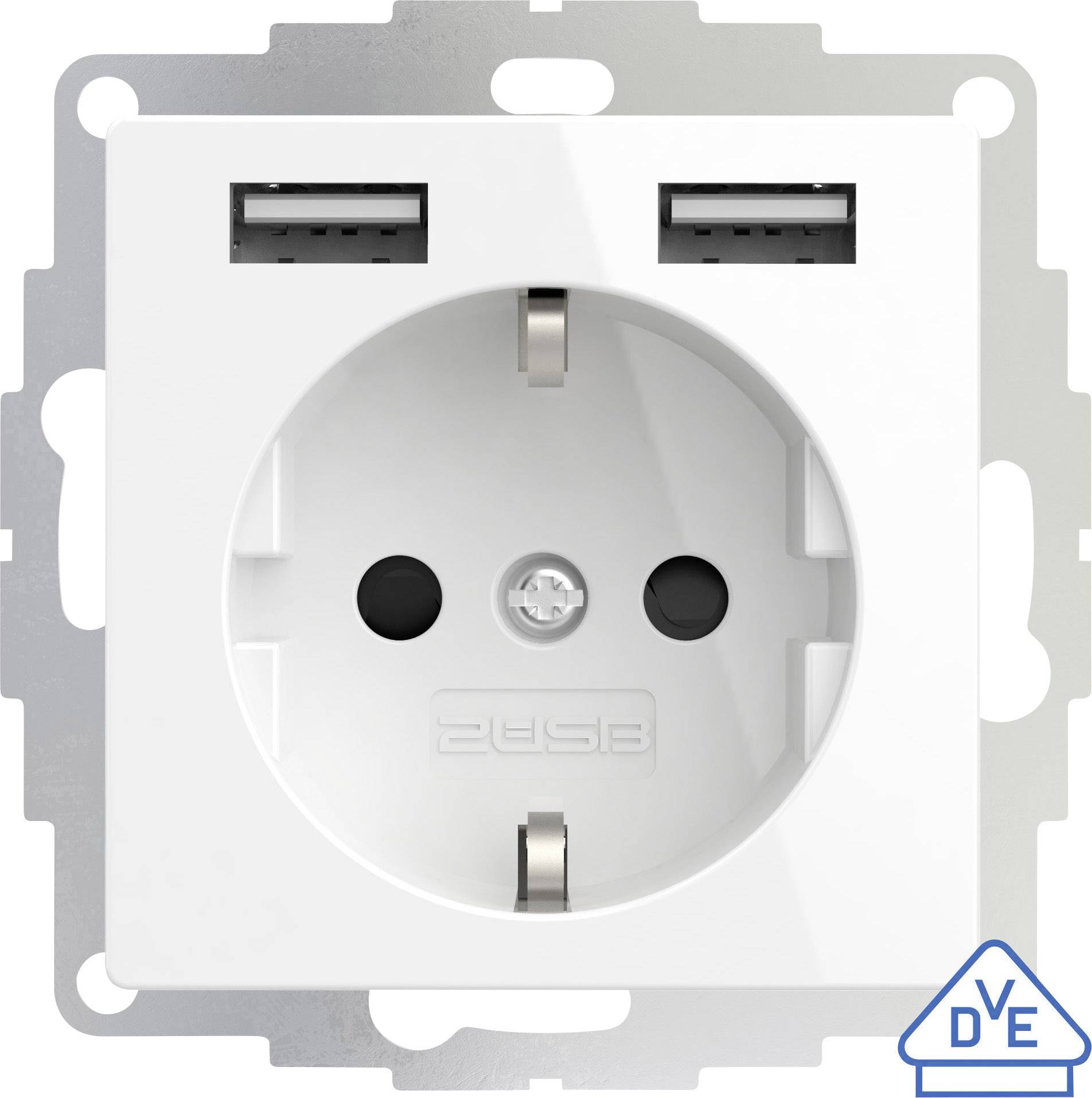 Witte stopcontact met twee USB-poorten erboven, geschikt voor Europese stekkers, met een blauw DVE-symbool in de hoek.